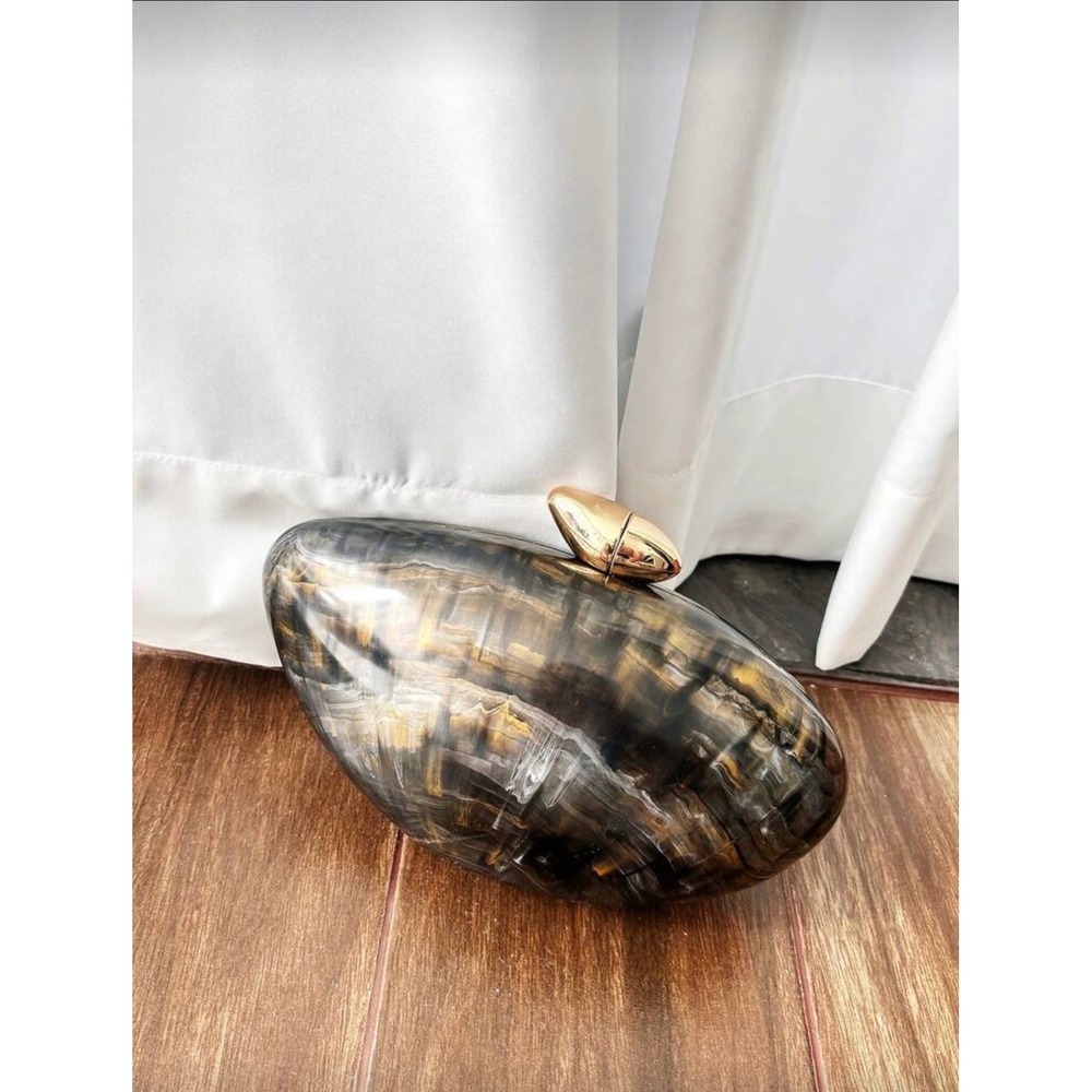 Marbled Resin Pebble Clutch Bag Gold Chain Strap Evening Purse Amber Black - Picture 3 of 8